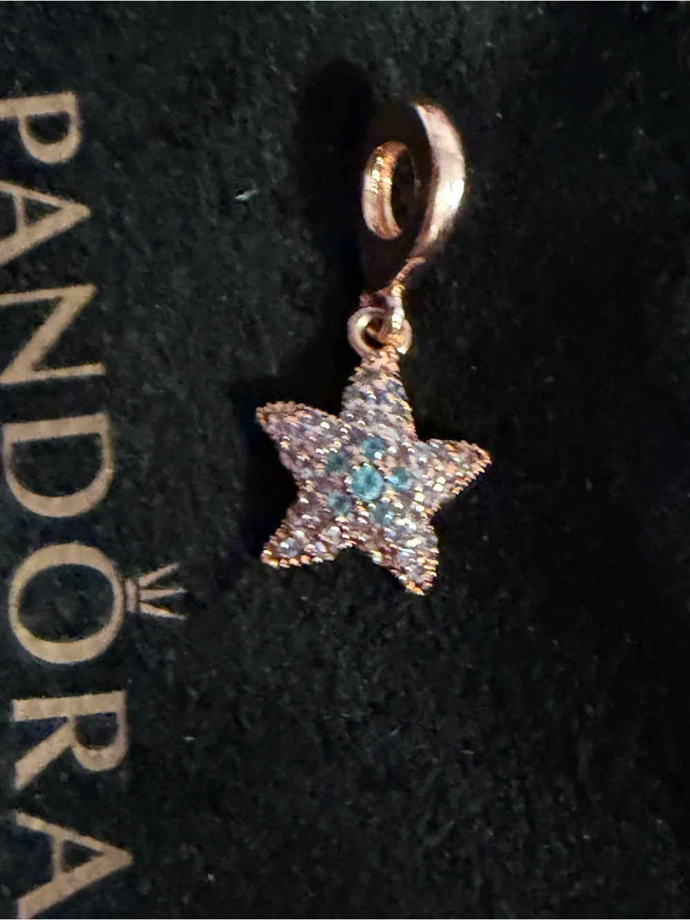 Pandora Rose Gold Star Charm Bracelet Accent with Aqua Stones